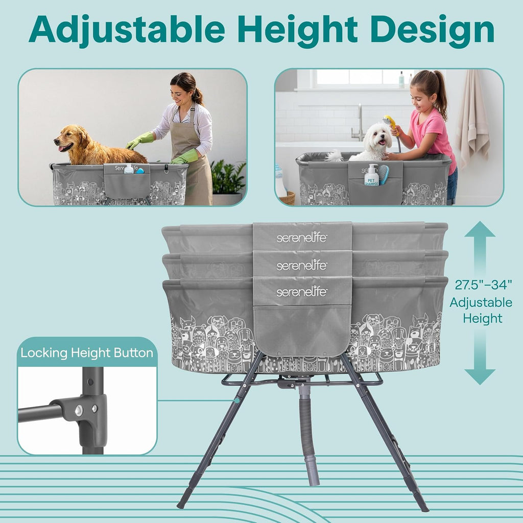 SereneLife Foldable Dog Bath Tub with Adjustable Height, 360° Access, Drain Hose & Storage Pockets – 130 lb Capacity Grooming Station for Indoor/Outdoor Use (Gray)