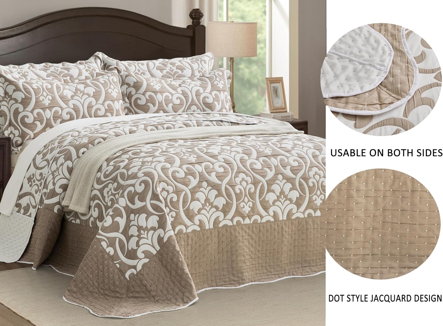 Chezmoi Collection Oversized Bedspread 138x122, Jacquard Matelasse Floral Damask Design, 5-Piece Lightweight Reversible Microfiber Coverlet Set Textured Dot Border, Alaskan King, Dark Gray/White