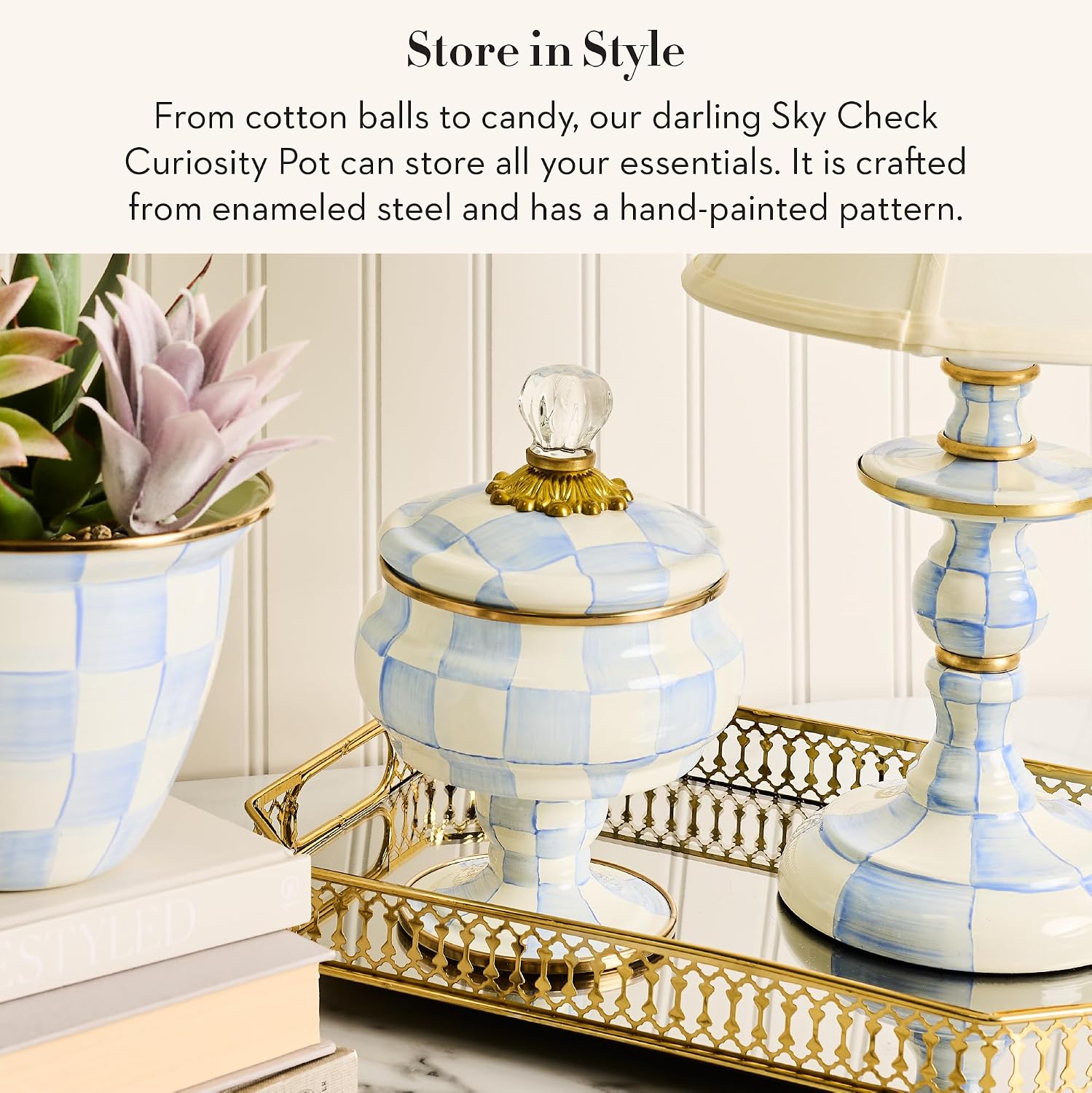 MACKENZIE-CHILDS Enamel Curiosity Pot, Decorative Container for Home Decor, Light-Blue-and-White Sky Check