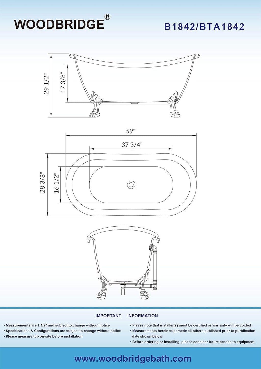 WOODBRIDGE BTA1842-C-Feet+C-Drain Bathtub, Chrome