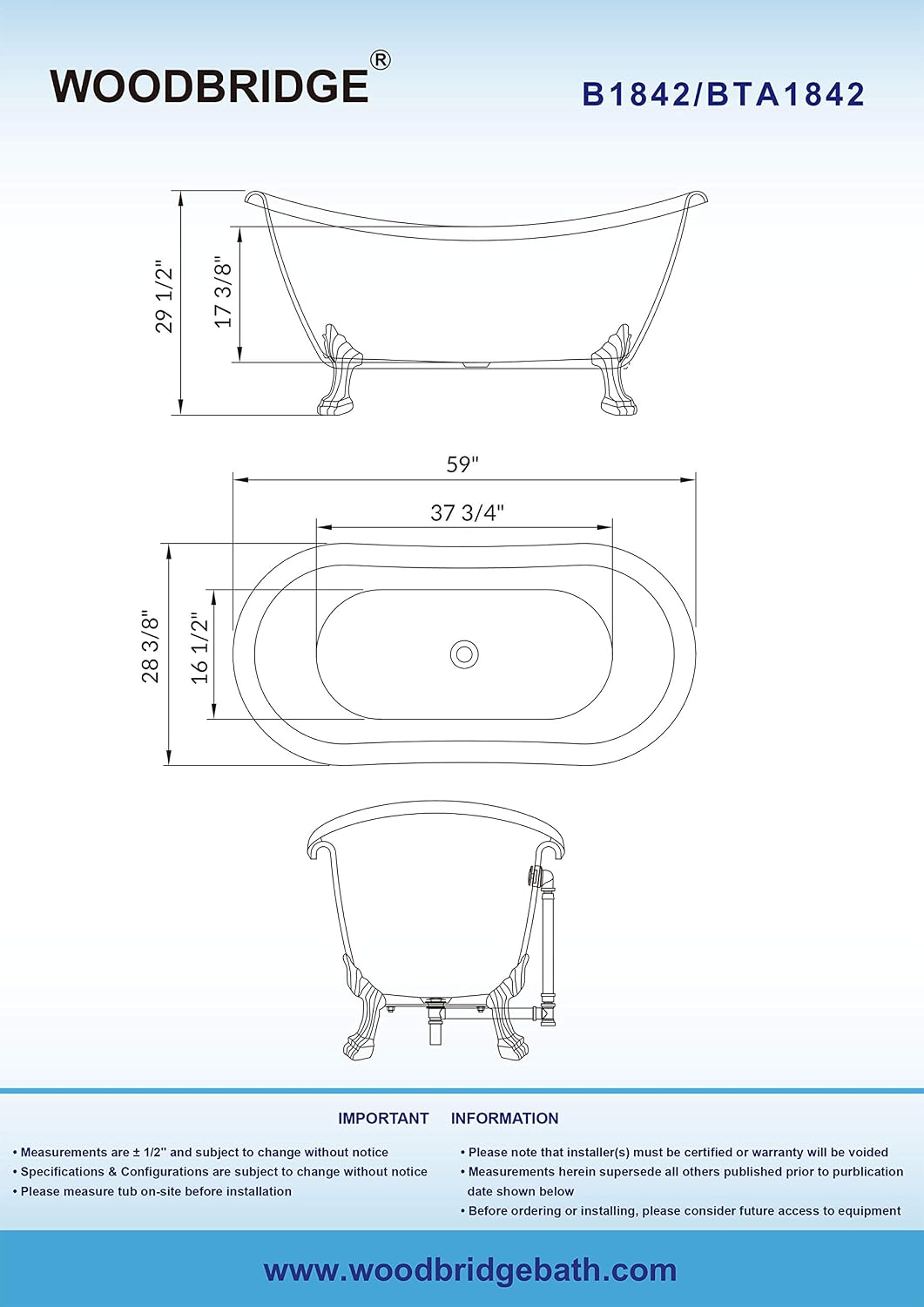 WOODBRIDGE BTA1842-C-Feet+C-Drain Bathtub, Chrome