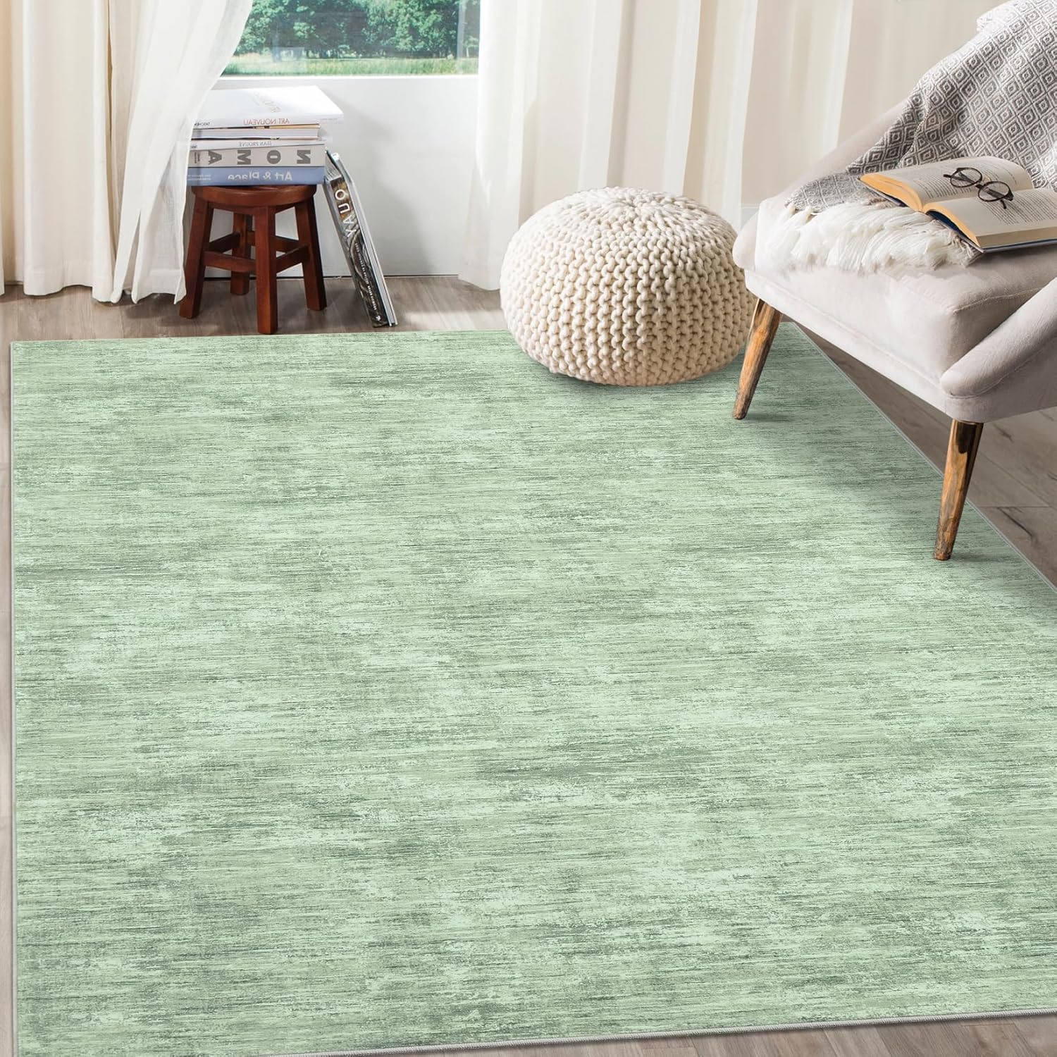 RUGSREAL Living Room Area Rug 9x12 Machine Washable Rug Non-Slip Stain Resistant Modern Abstract Carpet Contemporary Accent Throw Floor Carpet for Dining Room Solid Area Rug for Home Office, Green