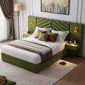 Luxurious Queen Platform Bed Frame, Velvet Upholstered Headboard with 2 Built-in Wall Sconces & Nightstands, Sturdy Metal & Solid Wood Frame, Squeak-Free, No Box Spring Needed, Olive Green