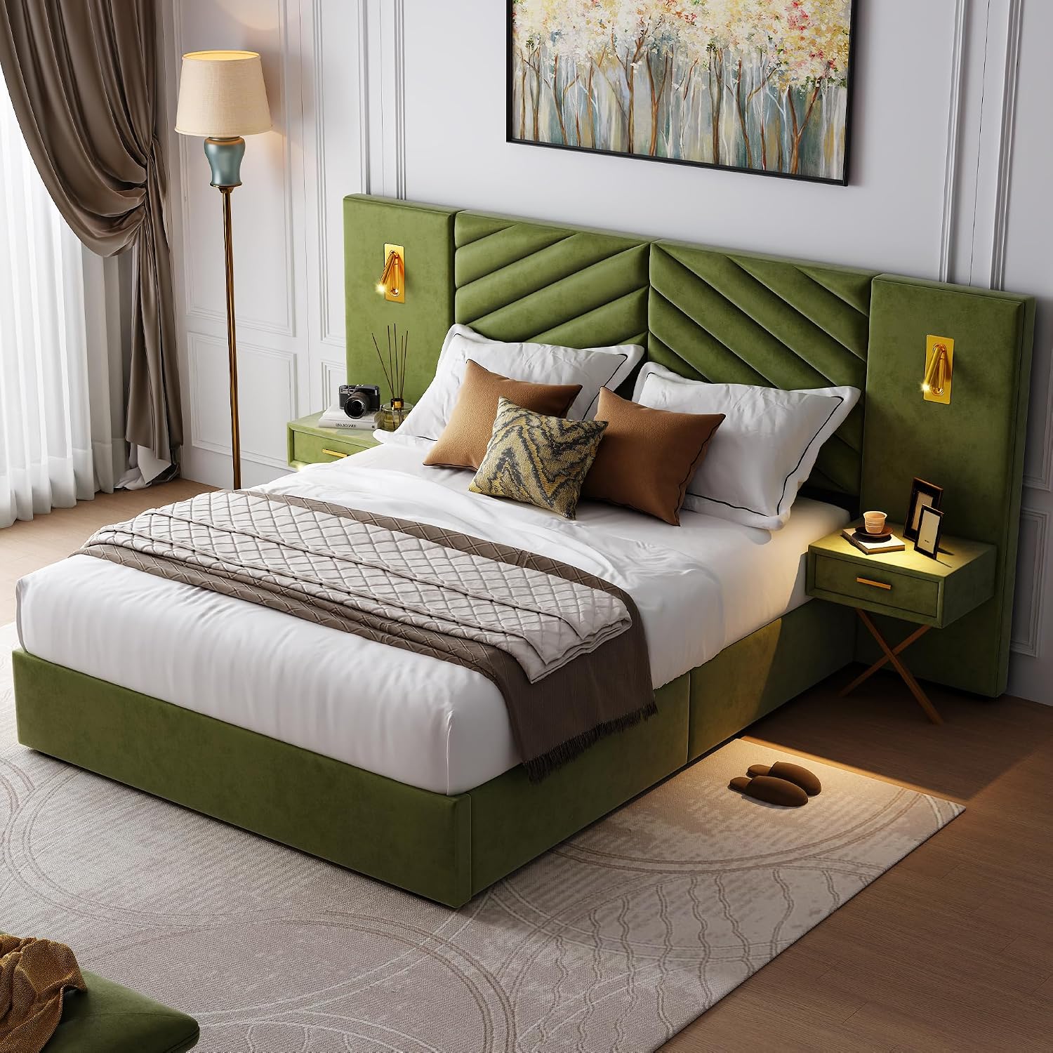 Luxurious Queen Platform Bed Frame, Velvet Upholstered Headboard with 2 Built-in Wall Sconces & Nightstands, Sturdy Metal & Solid Wood Frame, Squeak-Free, No Box Spring Needed, Olive Green