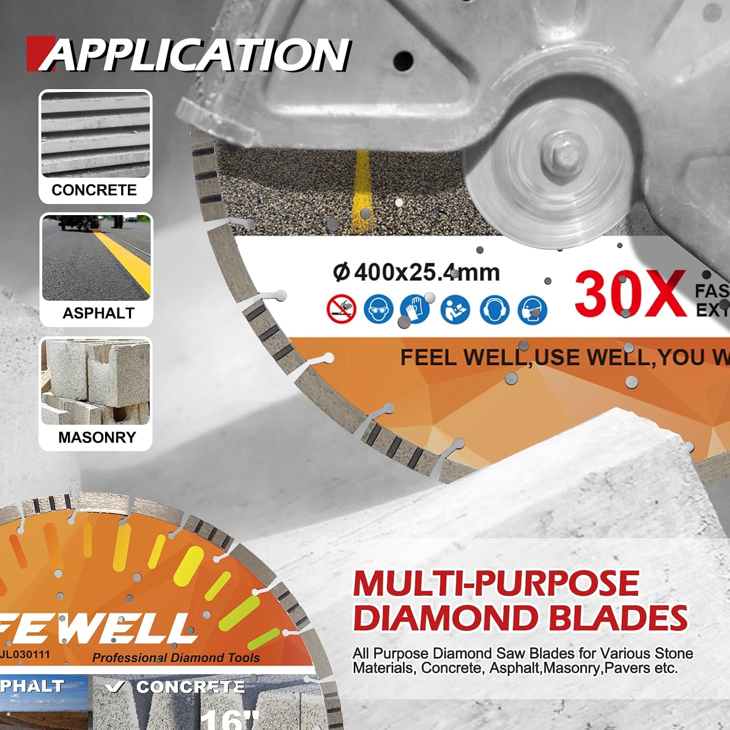 FEWELL 16' Premium Diamond Saw Blade, Multi-Purpose Diamond Blade, Cutting Hard Reinforced Concrete Asphalt Masonry Stone Terrazzo, Laser-Welded Segmented, 1'-20mm Arbor