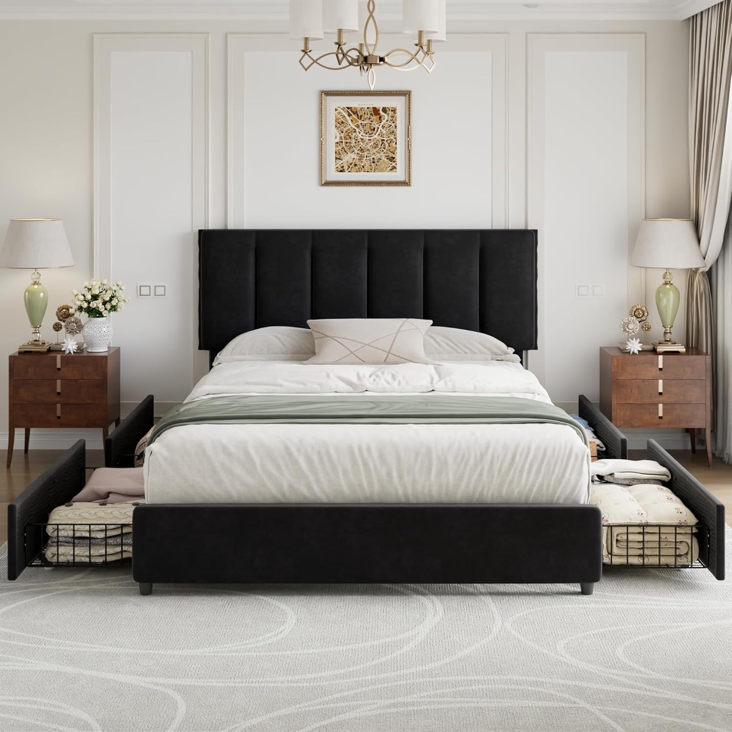 VECELO Queen Size Bed Frame with 4 Storage Drawers, Adjustable Height Headboard, Heavy-Duty Platform Bedframe with Strong Wooden Slats, No Box Spring Needed, Black