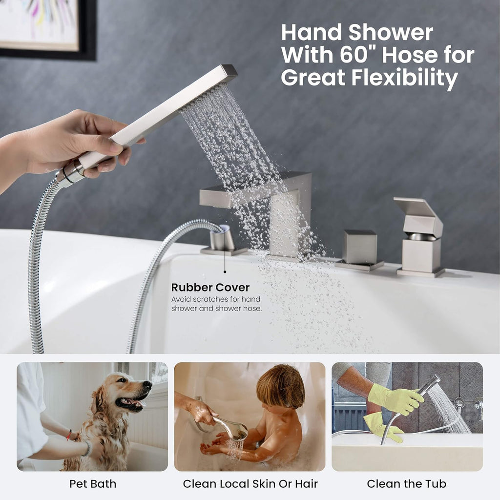 KIBI Cube Roman Single Handle Tub Faucet with Hand Shower | Deck Mount Bathtub Filler Set in Brushed Nickel | Solid Brass Body Bathtub Faucet with Easy Diverter, Pull-Out Spray & 60' Hose (KTF3102BN)