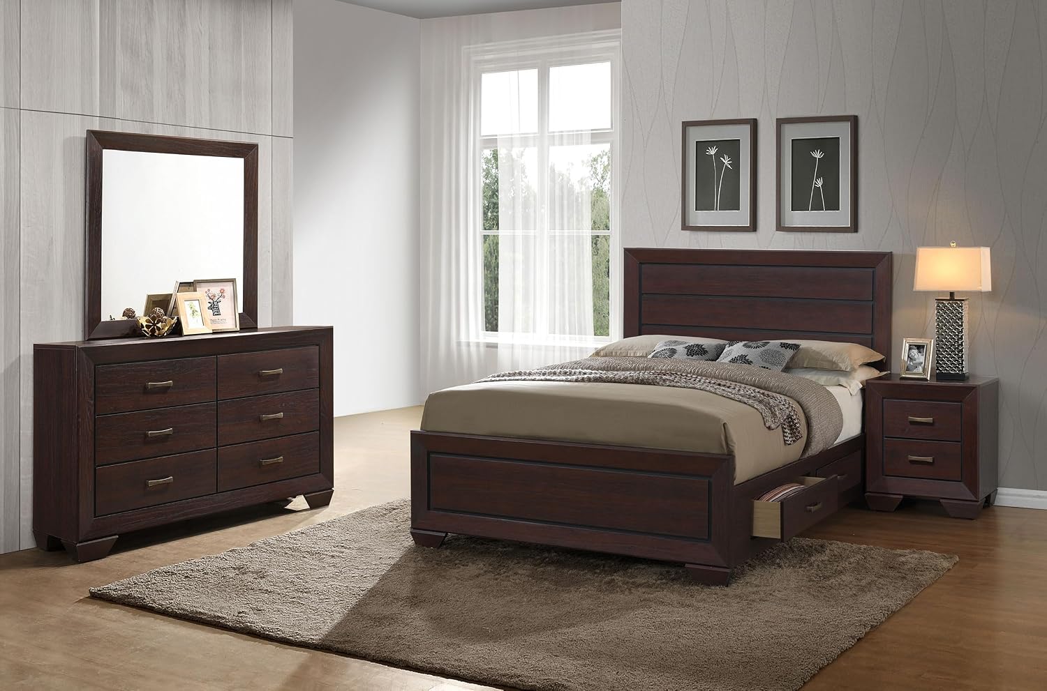 Coaster Home Furnishings Kauffman Transitional 4-Piece Bedroom Set California King Size Storage Panel Bed Frame 54-inch Headboard Dark Cocoa 204390KW-S4