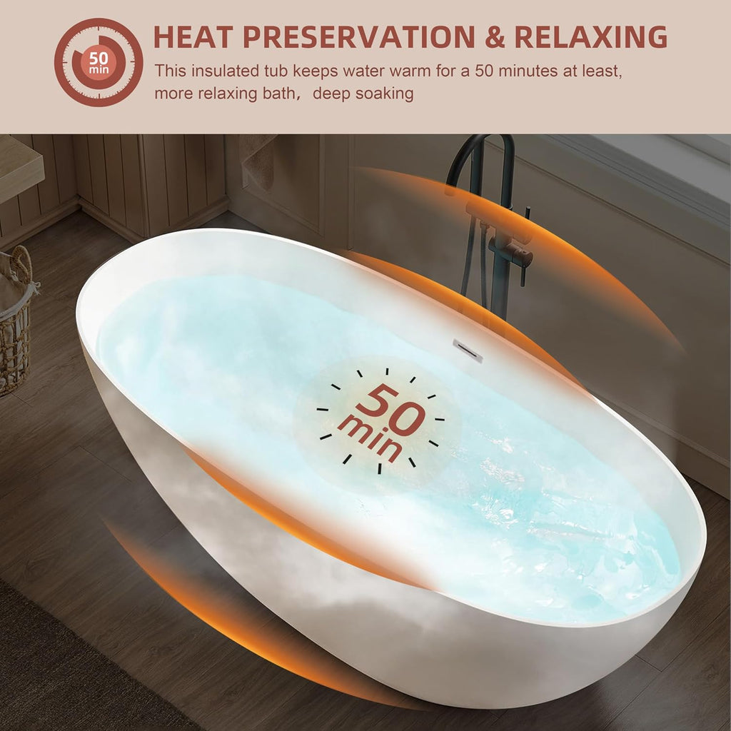 59 inch Freestanding Soaking Bathtub, Modern Stand Alone Free Standing Acrylic Tub with Center Drain & Overflow, Glossy White
