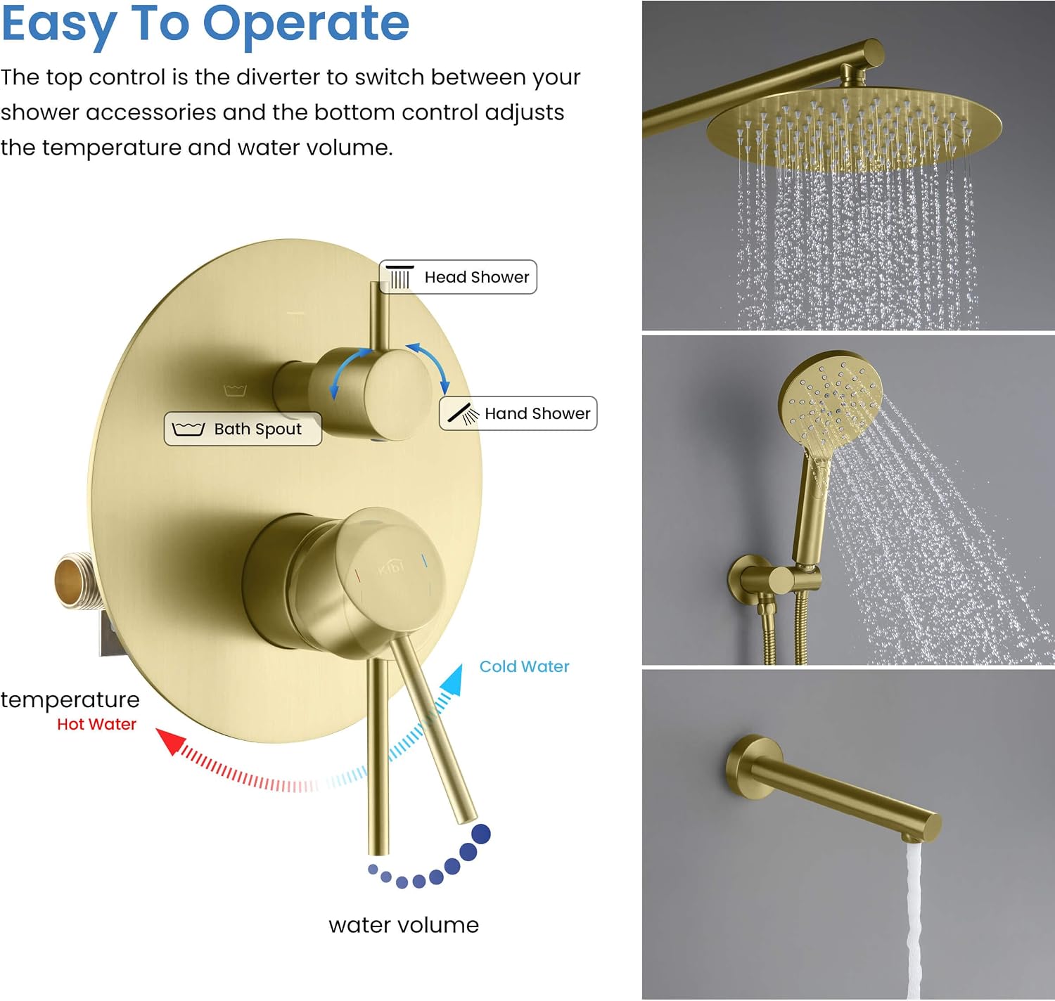 KIBI Circular Bathroom Shower System | 3-Function Wall Mounted Shower Faucet Set with Solid Brass Pressure Balanced Valve | Three Hand Shower Modes | 15-inch Long Shower Arm | Brushed Gold (KSF404)