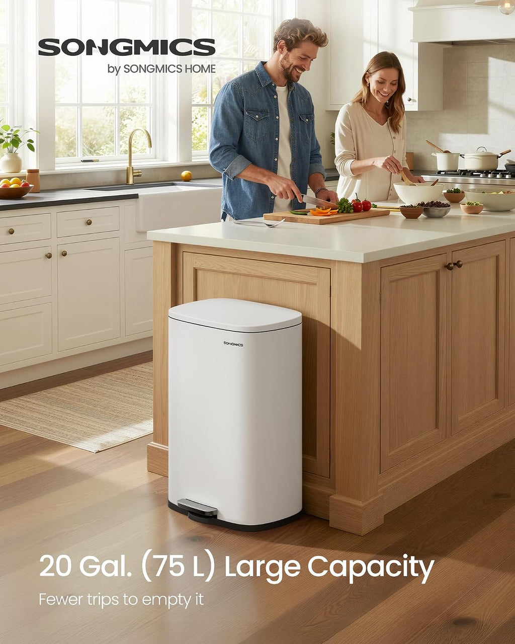 SONGMICS 20-Gallon (75 L) Trash Can, Stainless Steel Kitchen Garbage Can, Recycling or Waste Bin, Soft Close, Step-On Pedal, Removable Inner Bucket, White ULTB075WZ01