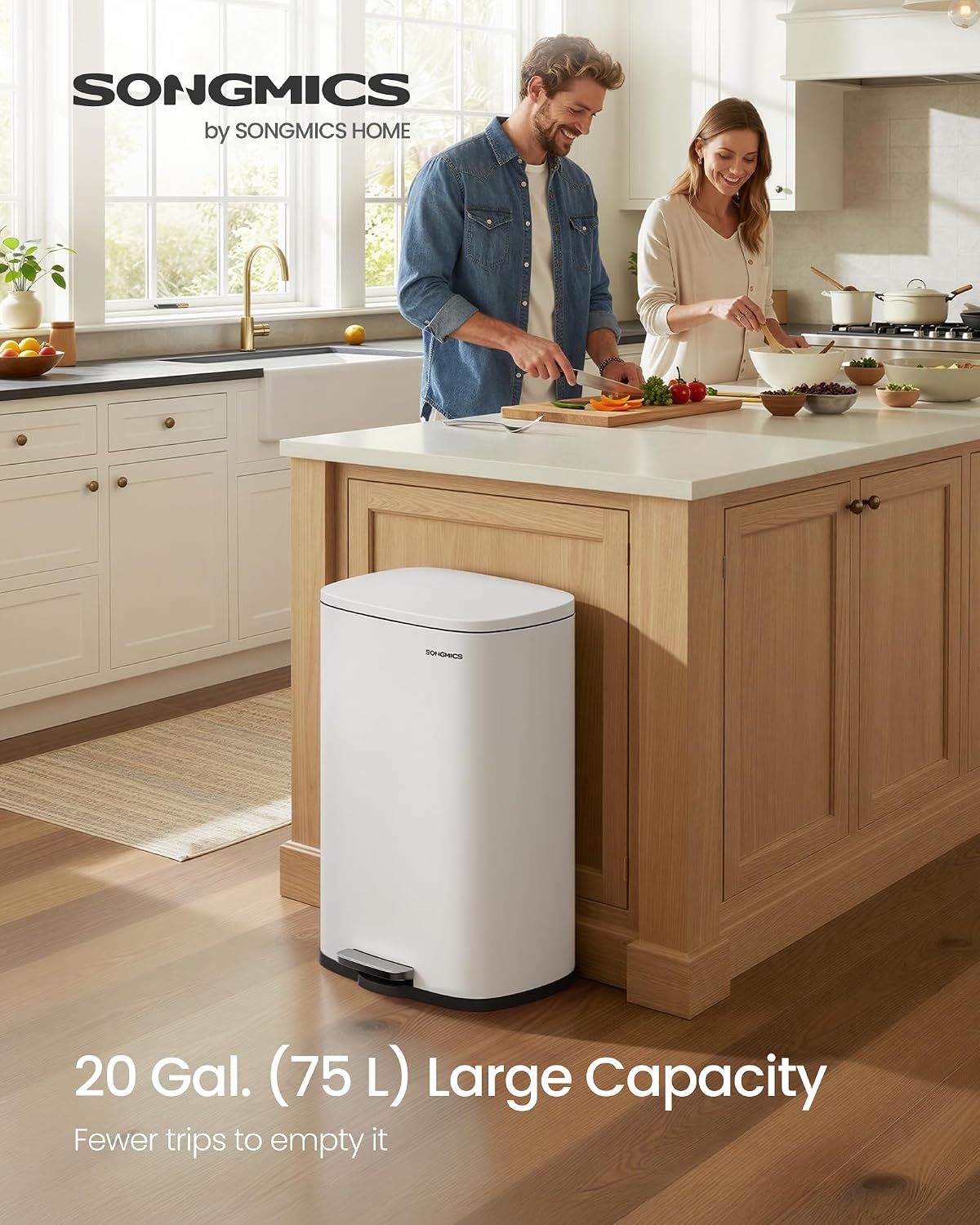 SONGMICS 20-Gallon (75 L) Trash Can, Stainless Steel Kitchen Garbage Can, Recycling or Waste Bin, Soft Close, Step-On Pedal, Removable Inner Bucket, White ULTB075WZ01