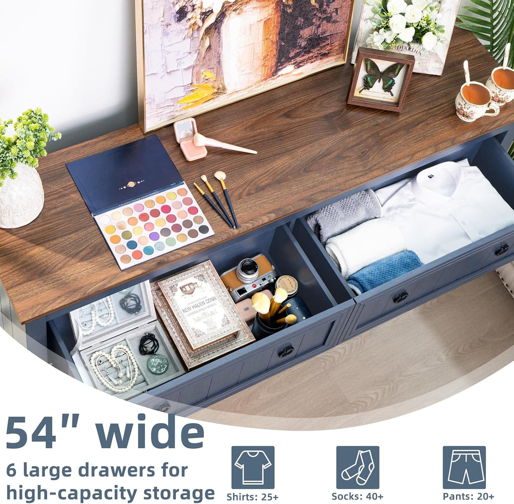 Joaxswe Farmhouse Dresser and Nightstand Sets 3 Piece, Nightstands Set of 2 and 6 Drawers Dressers for Bedroom, 54' Wide Dresser and 18' Inch Night Stand Set for Bedroom, Living Room, Hallway