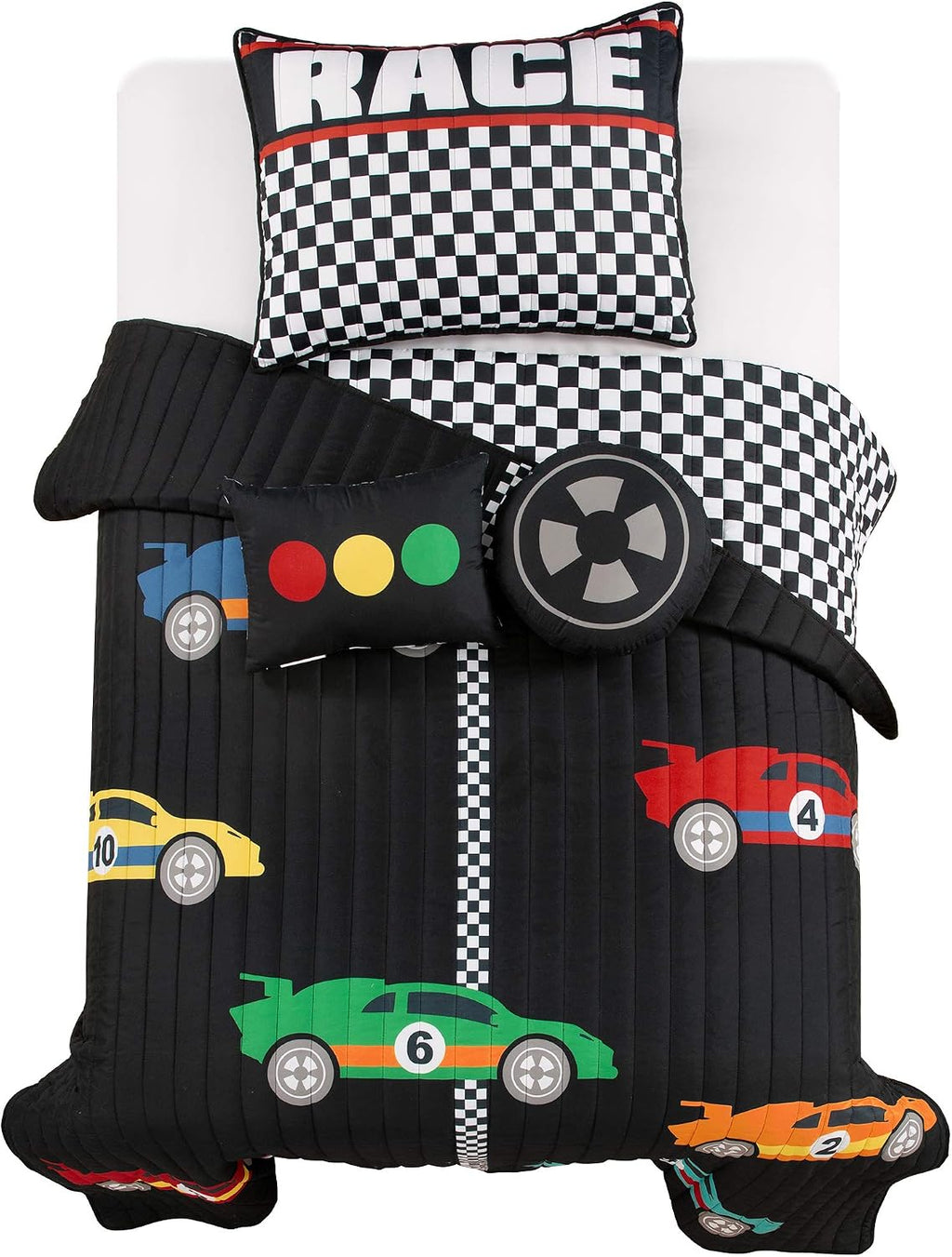 Lush Decor Racing Cars Reversible Quilt Twin Size 4 Piece Set Black & Multi - Toddler Bedding Set Twin Quilt - Car Decor
