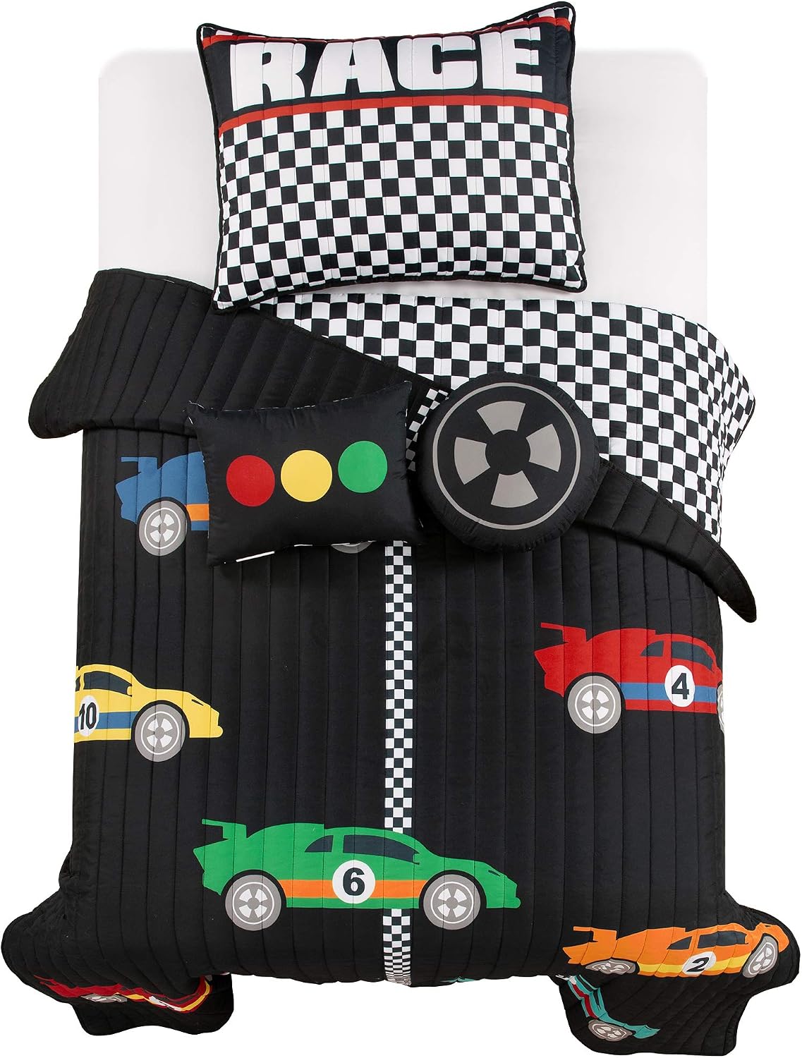 Lush Decor Racing Cars Reversible Quilt Twin Size 4 Piece Set Black & Multi - Toddler Bedding Set Twin Quilt - Car Decor