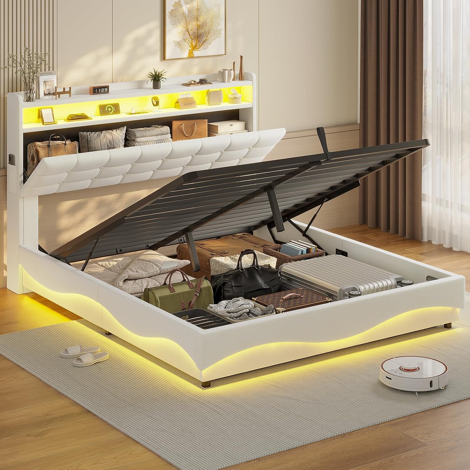 ADORNEVE Lift Up Storage Full Bed Frame with LED Lights, Hidden Storage Headboard and Charging Station, Upholstered Platform Bed, LED Bed with Hydraulic, No Box Spring Needed, Creamy White