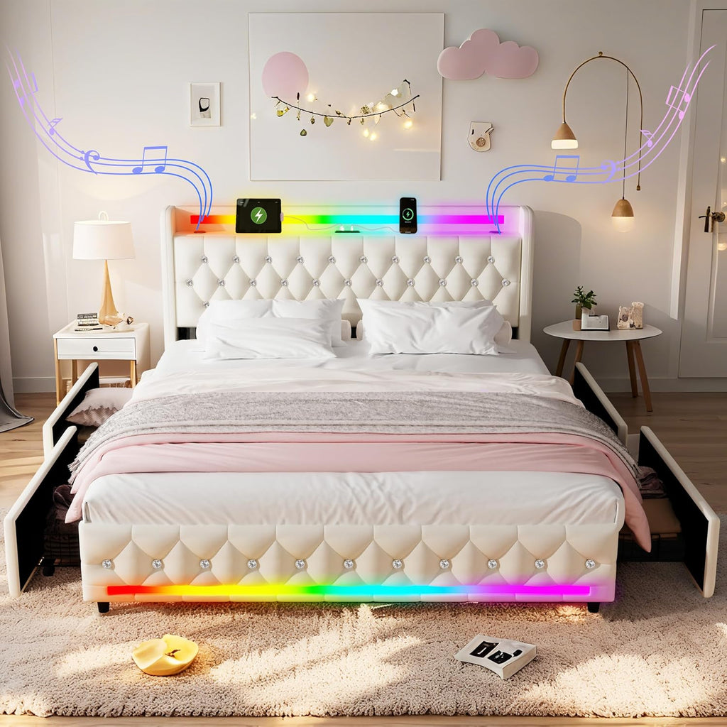Beige Full Bed Frame with Bluetooth Speakers,LED Headboard and Footboard & USB & Type-C Charging Station & 4 Drawers Storage,Wooden Slats Support,Velvet Upholstered Bed,Easy Assembly