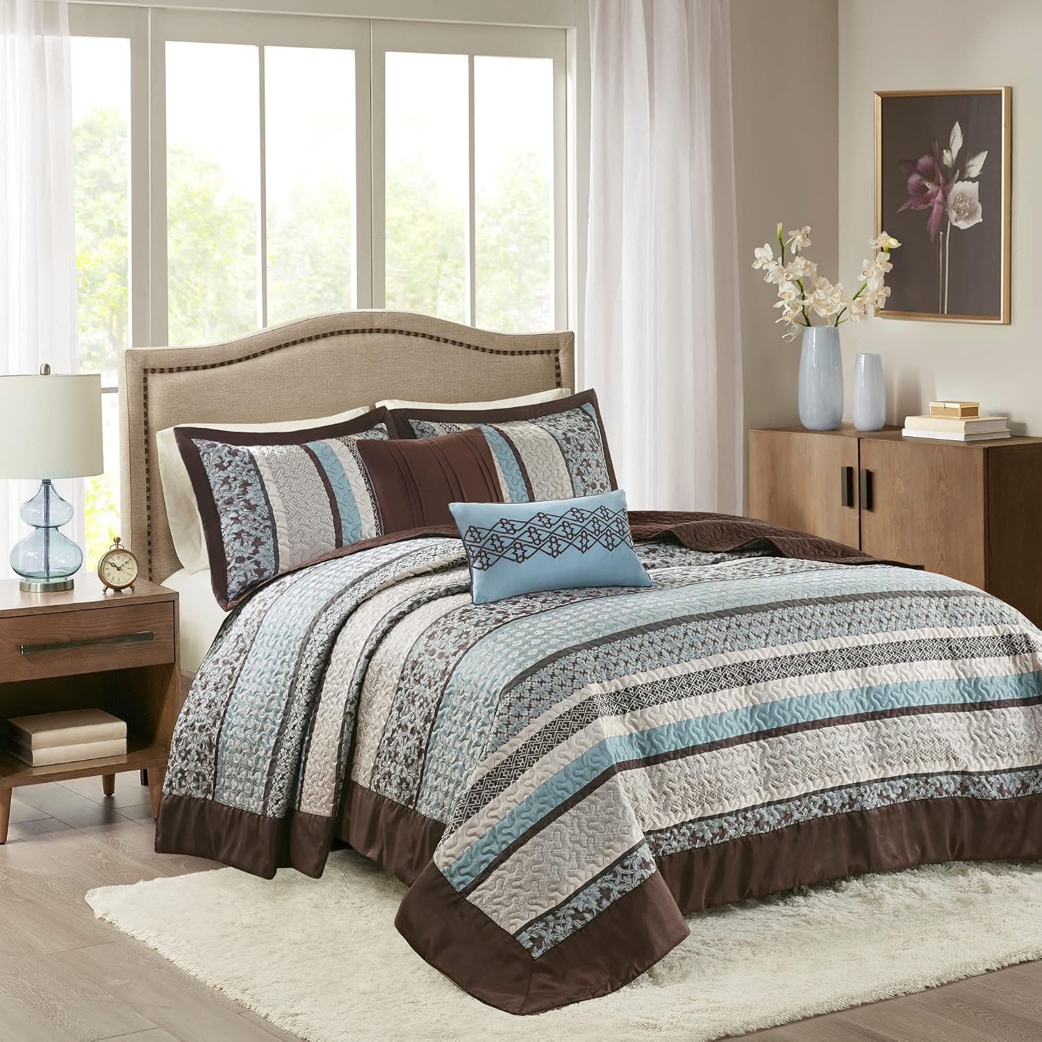 Madison Park Princeton Reversible Quilted Bedspread Set, Solid Reverse Summer Breathable, Lightweight All Season Bedding Layer, Matching Shams, Bedspread King(120'x118'), Blue 5 Piece