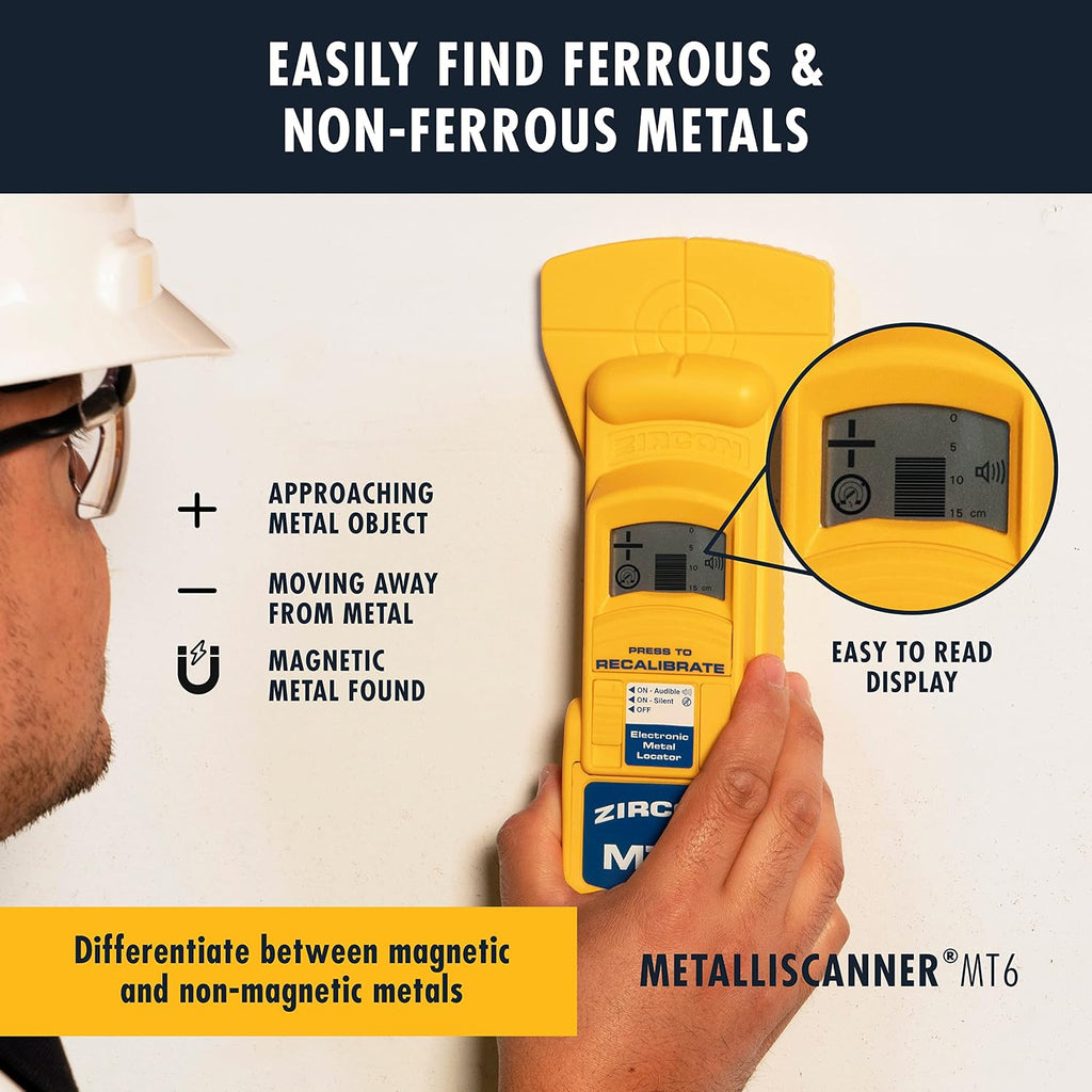 Zircon MetalliScanner MT6 Professional Metal Detector – Deep-Scanning Handheld Metal Locator for Ferrous and Non-Ferrous Metals – Detects Pipes, Rebar, and Studs in Walls, Floors, and Concrete, Yellow