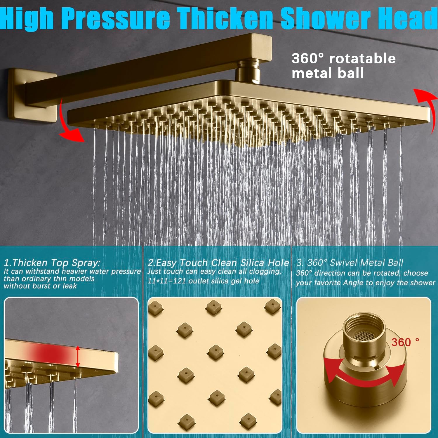 Shower System with Tub Spout 10 Inch Overhead Shower 4 Setting Handheld Spray Rough In Pressure Balance Valve Body with Trim Kit Wall Mounted Rainfall Bathtub Shower Faucet Set (Brushed Gold)