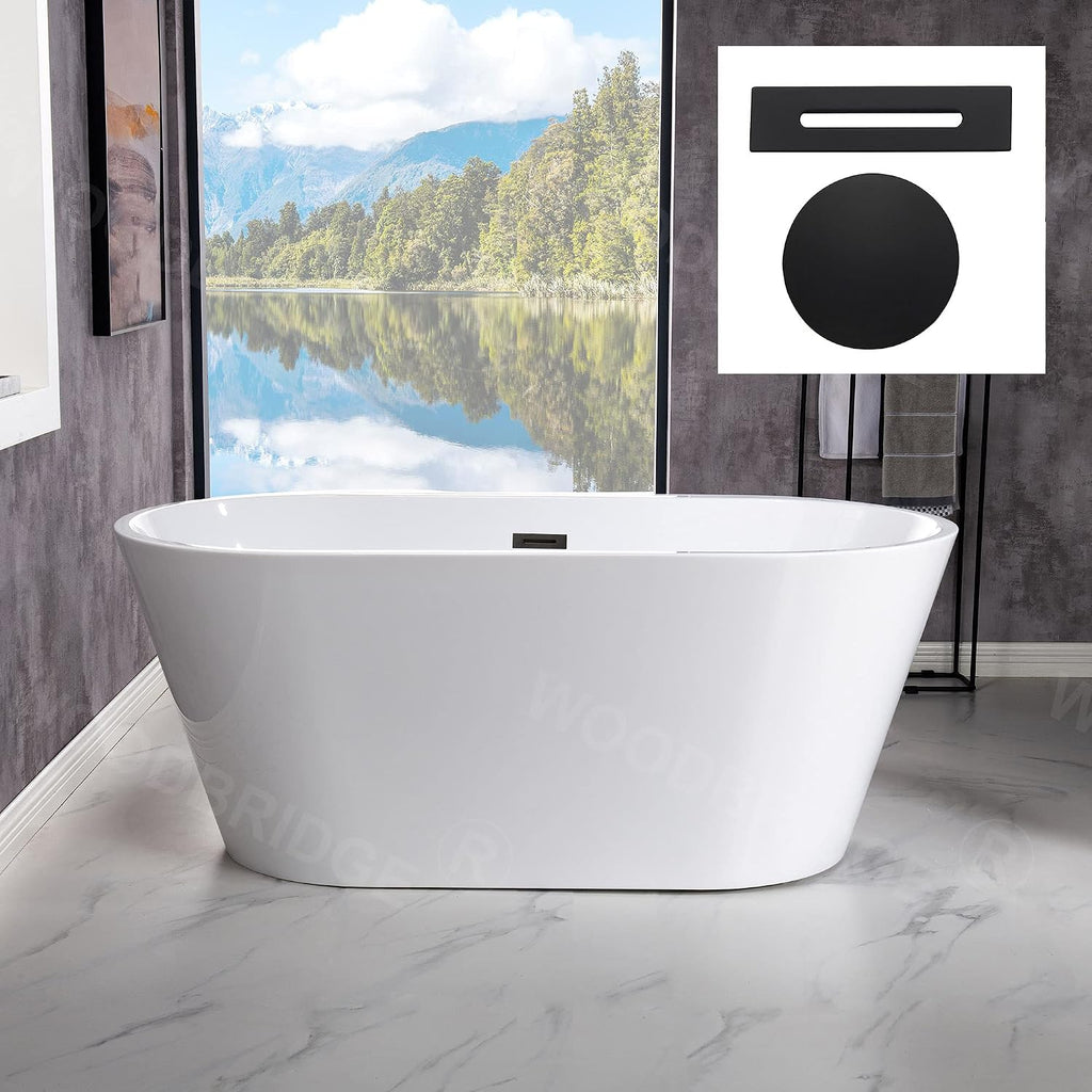 WOODBRIDGE 54'Freestanding White Acylic Soaking Bathtub with Matte Black Drain and Overflow,BTA1702-MB