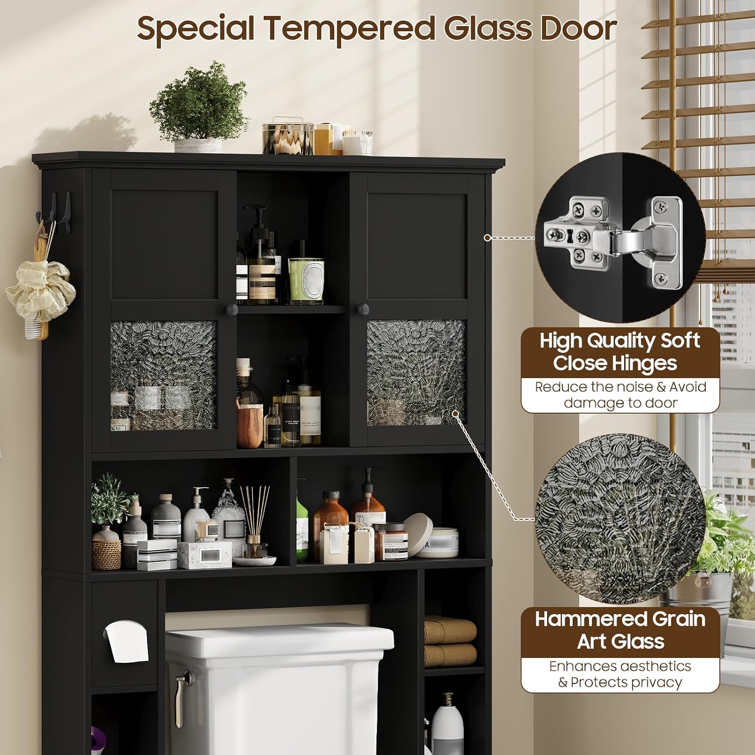 Over The Toilet Storage Cabinet, Bathroom Shelf Over Toilet with Hammered Grain Glass Doors and Adjustable Shelves, Freestanding Home Space Save Toilet Rack for Restroom, Bathroom, Laundry (Black)