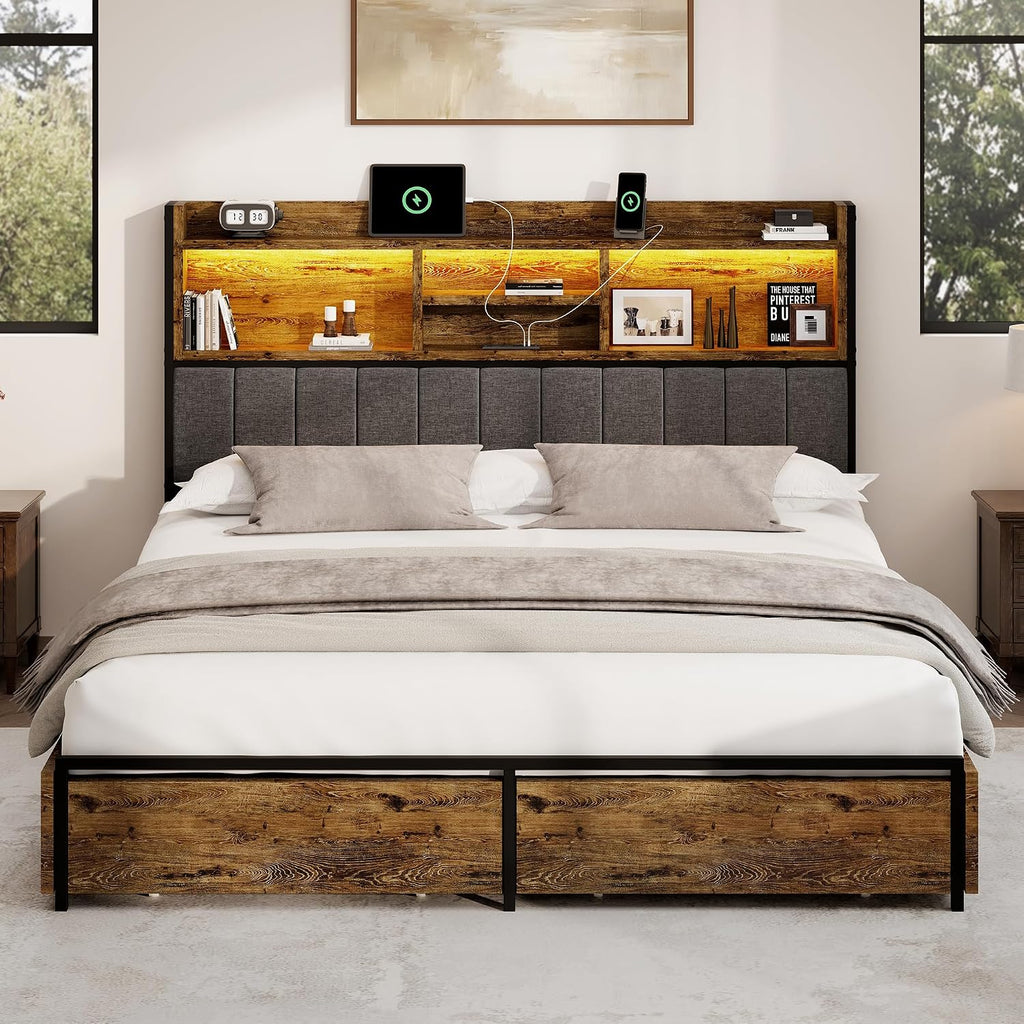 BRELTAM King Bed Frame with 6 Storage Drawers, Linen Upholstered Headboard, Built-in USB Charging Station & LED Lighting, Silent Metal Support, No Box Spring Needed, Vintage Brown