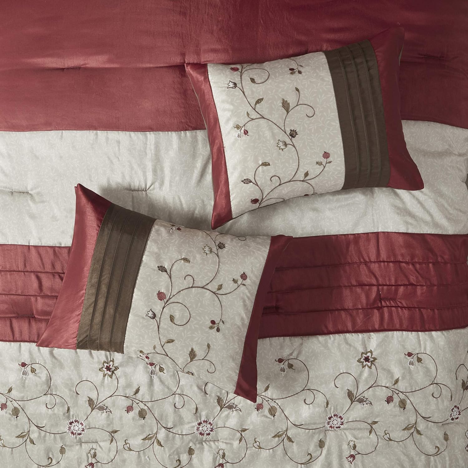 Madison Park Serene Faux Silk Comforter Set - Floral Embroidery Design, All Season Bedding Set, Matching Bed Skirt, Decorative Pillows, Red King(104'x92') 7 Piece