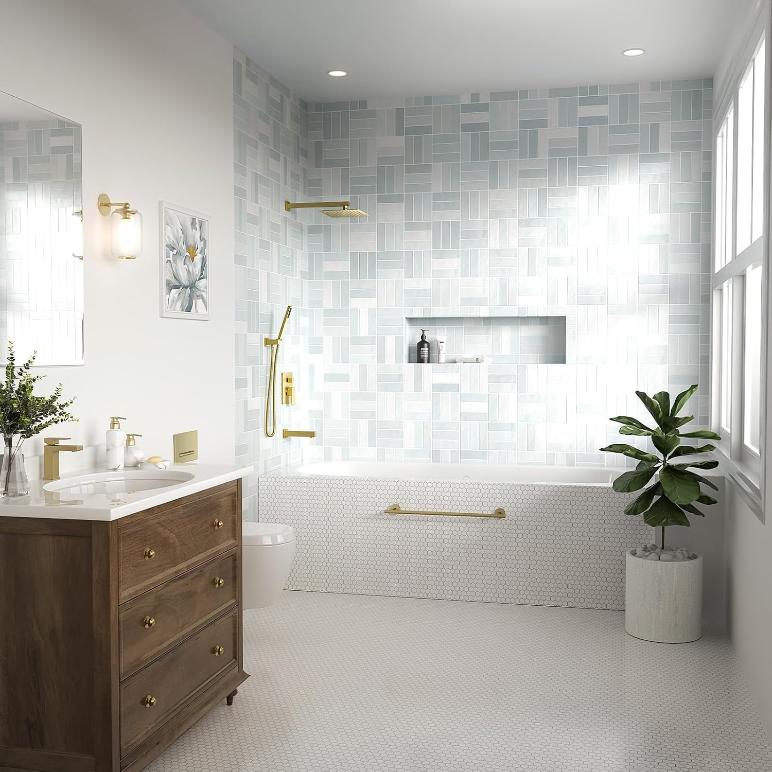 Lava Odoro 3-Setting Tub and Shower Faucet Set with Bathroom Faucet, Brushed Gold