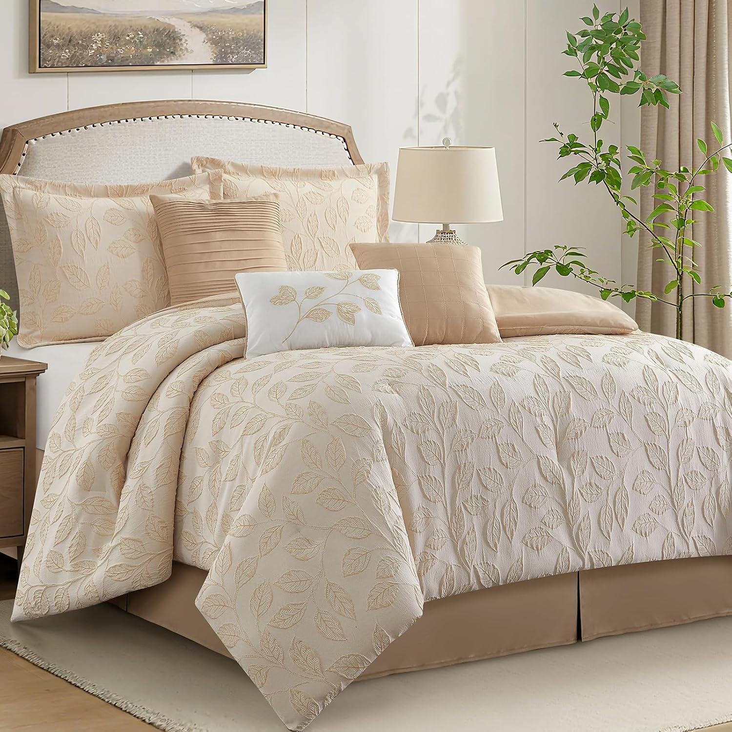 LANCO MODERN LIFESTYLE 7 Pieces Beige Gold Comforter Set, California King, Jacquard with Matching Solid Microfiber Piecework, 3D Leaves Texture Design, Includes Bed Skirt, Shams, and Decor Pillows