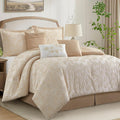 LANCO MODERN LIFESTYLE 7 Pieces Beige Gold Comforter Set, King Size, Jacquard with Matching Solid Microfiber Piecework, 3D Leaves Texture Design, Includes Bed Skirt, Shams, and Decorative Pillows