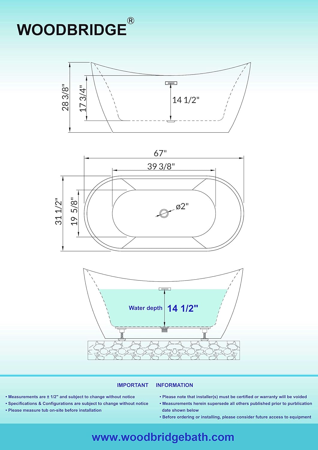 WOODBRIDGE 67' Acrylic Freestanding Bathtub Contemporary Soaking White Tub with Brushed Gold Overflow and Drain，B0010-BG