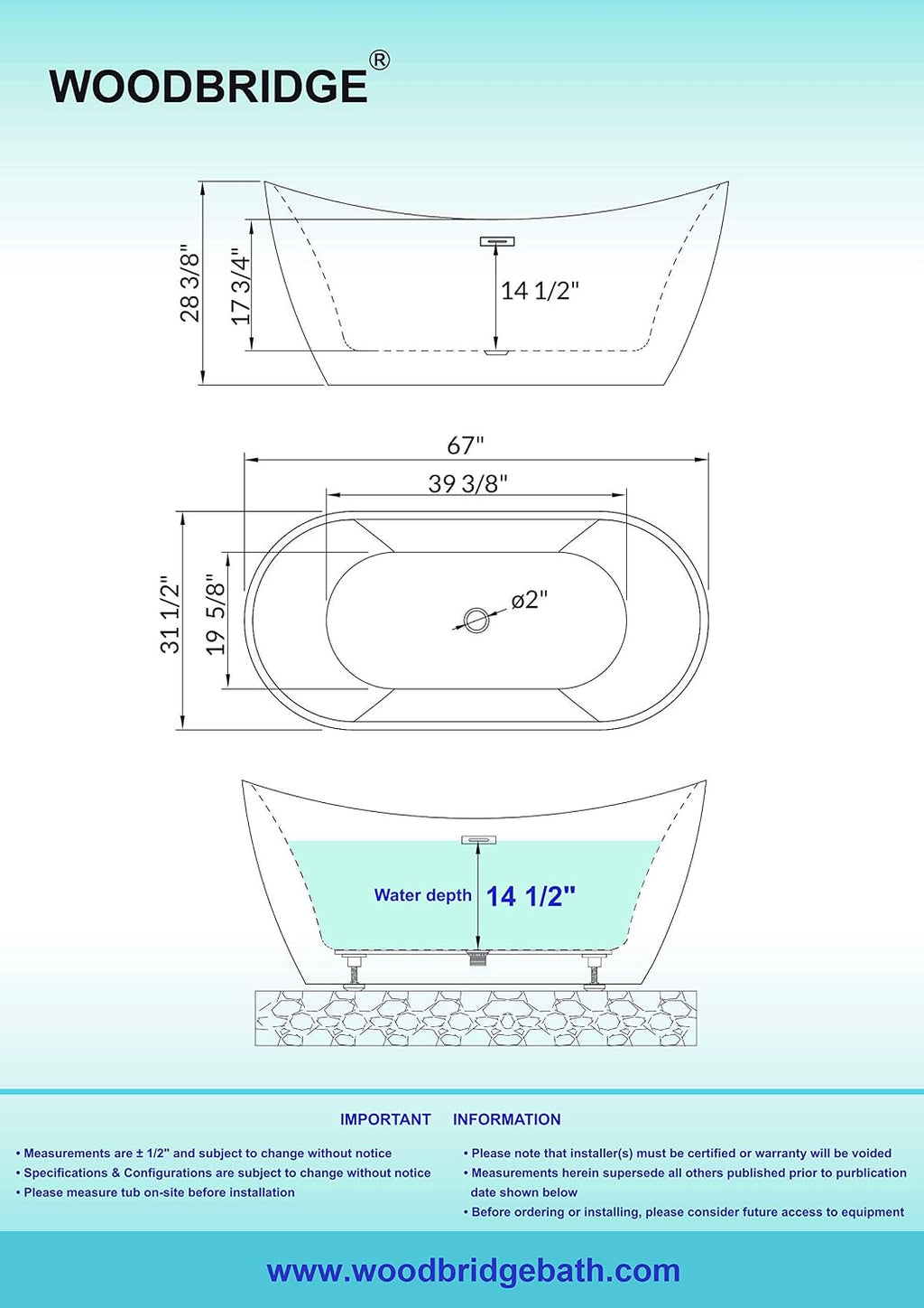 WOODBRIDGE 67 ' Freestanding White Acylic Soaking Bathtub with Brushed Nickel Drain and Overflow,BTA1515 -BN-Drain &O