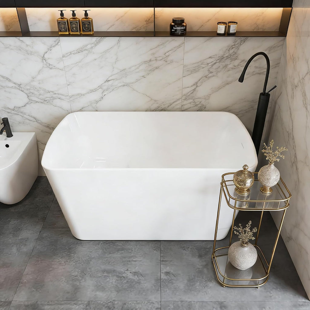 Acrylic Freestanding Bathtub, Soaking Tub with Seat, Toe-Tap Drain, Slotted Overflow, Deep Ergonomic Design, cUPC Certified, Glossy White, 49'
