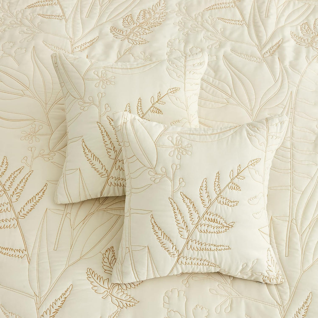 DaisyHuang Botanical Oversized Bedspread Queen Size - Leaves Pattern Stitching Quilt Set - Elegant & Fresh Style Bedding Coverlets, Reversible, Lightweight, 5 Piece, Ivory