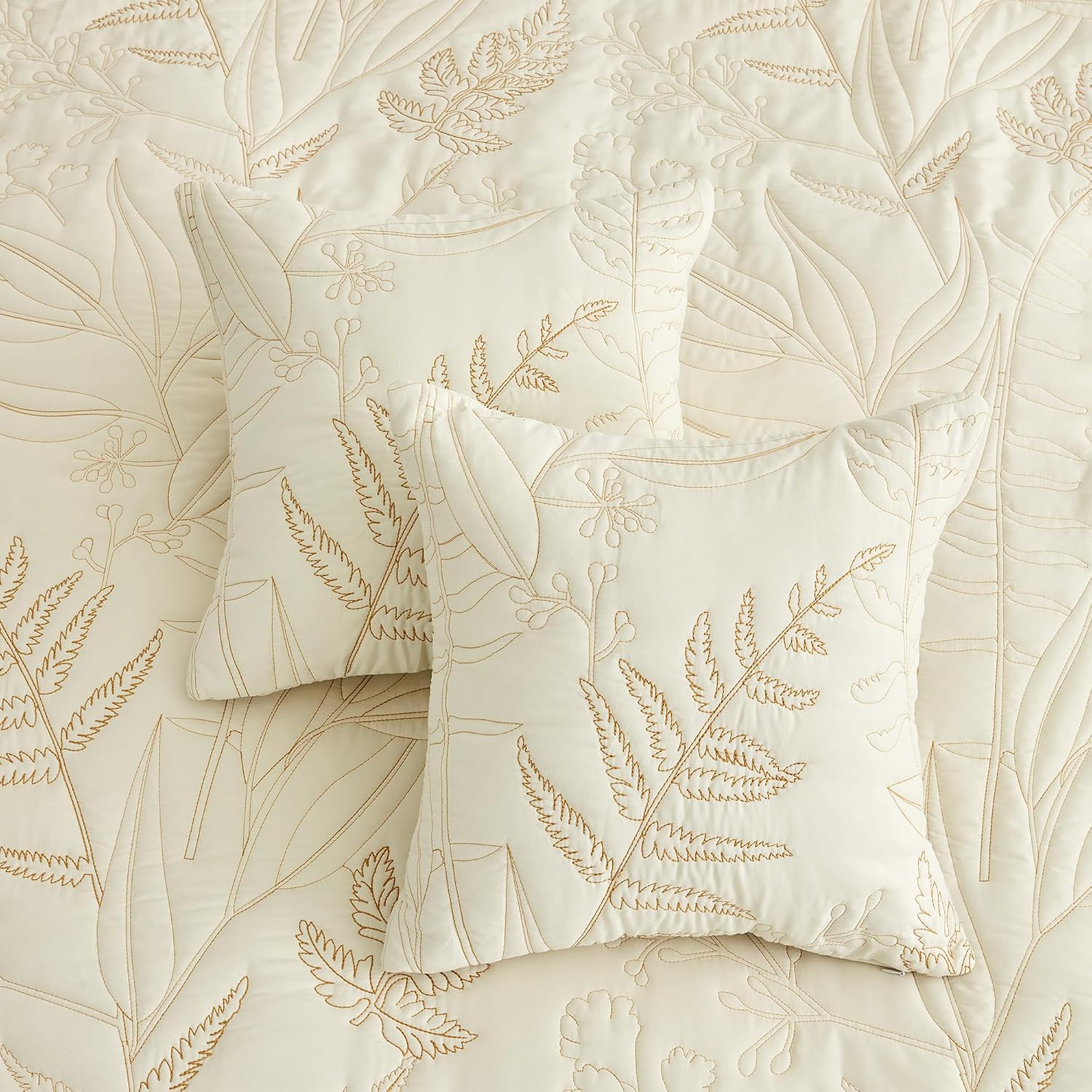 DaisyHuang Botanical Oversized Bedspread Queen Size - Leaves Pattern Stitching Quilt Set - Elegant & Fresh Style Bedding Coverlets, Reversible, Lightweight, 5 Piece, Ivory