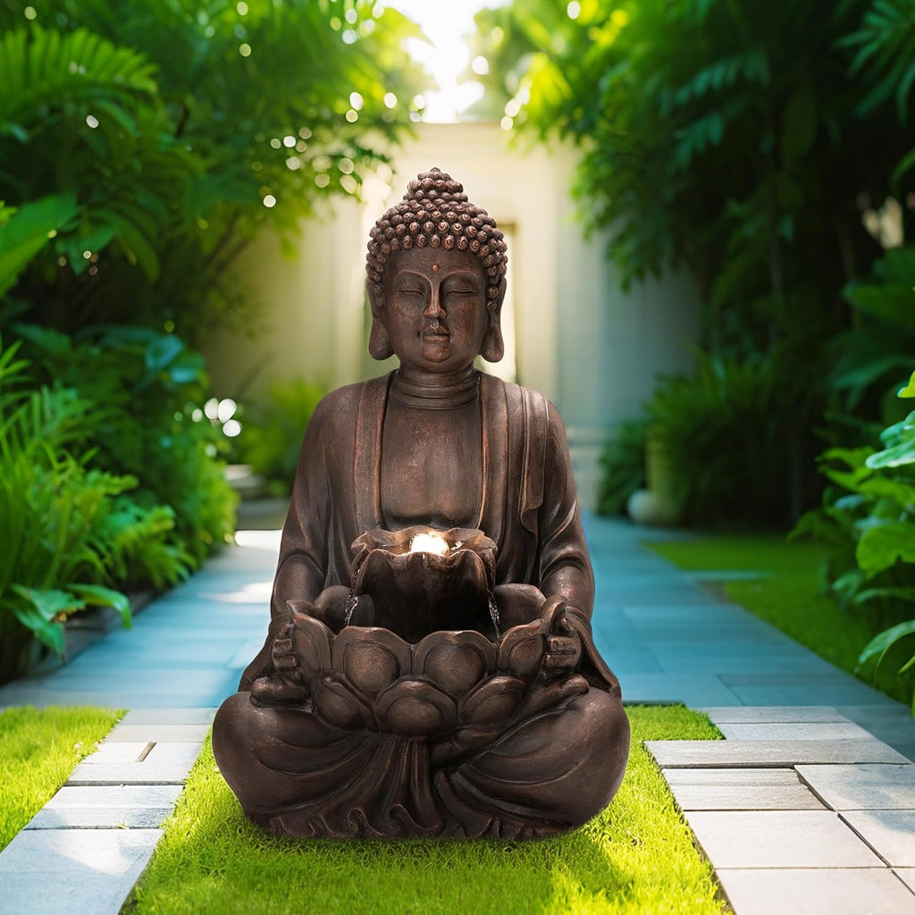 Glitzhome Outdoor Fountain 28' H, Large Zen Style Buddha Waterfall Fountains Indoor Water Fountain with Pump & LED Lights, Freestanding Water Feature Outside Garden Backyard Decor