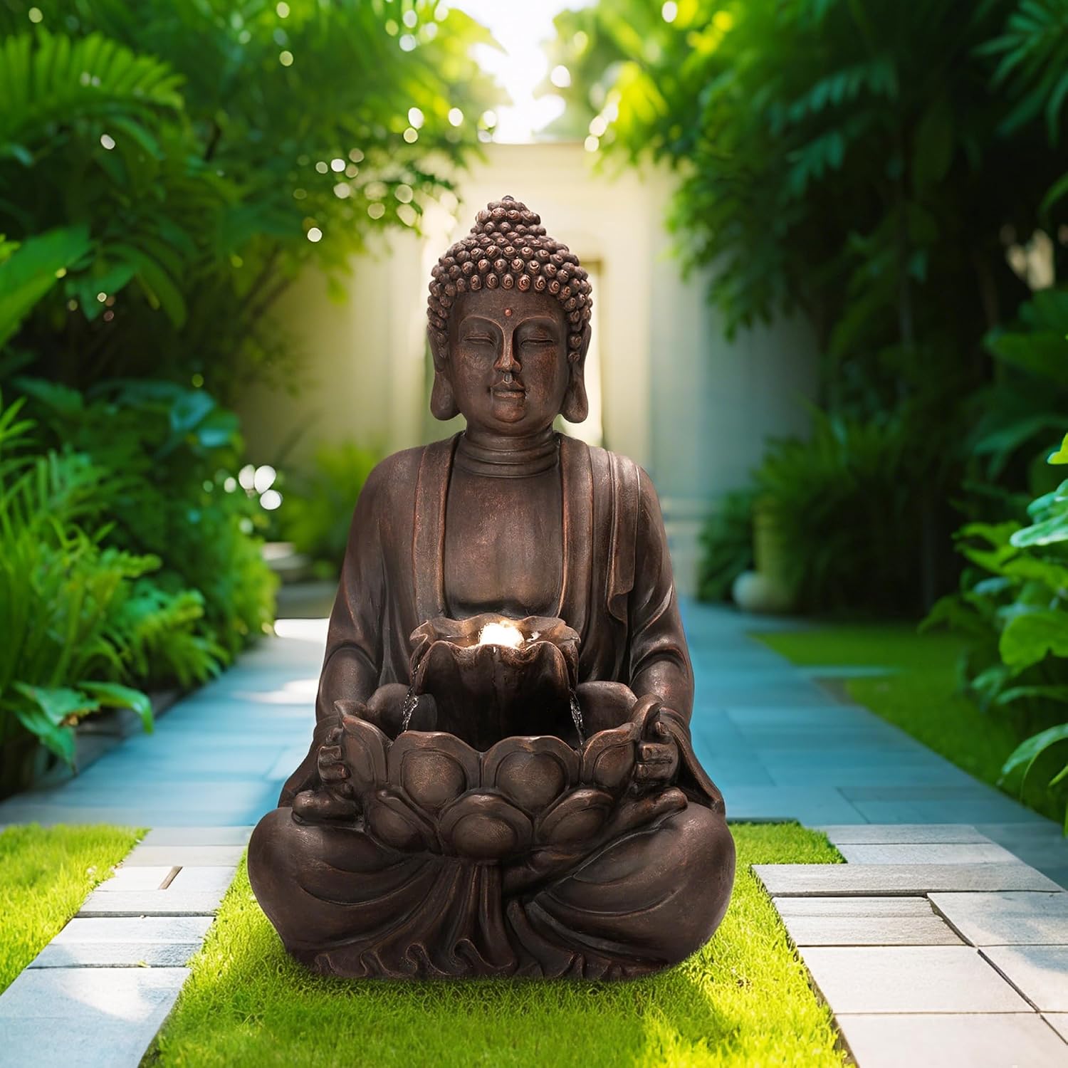 Glitzhome Outdoor Fountain 28' H, Large Zen Style Buddha Waterfall Fountains Indoor Water Fountain with Pump & LED Lights, Freestanding Water Feature Outside Garden Backyard Decor