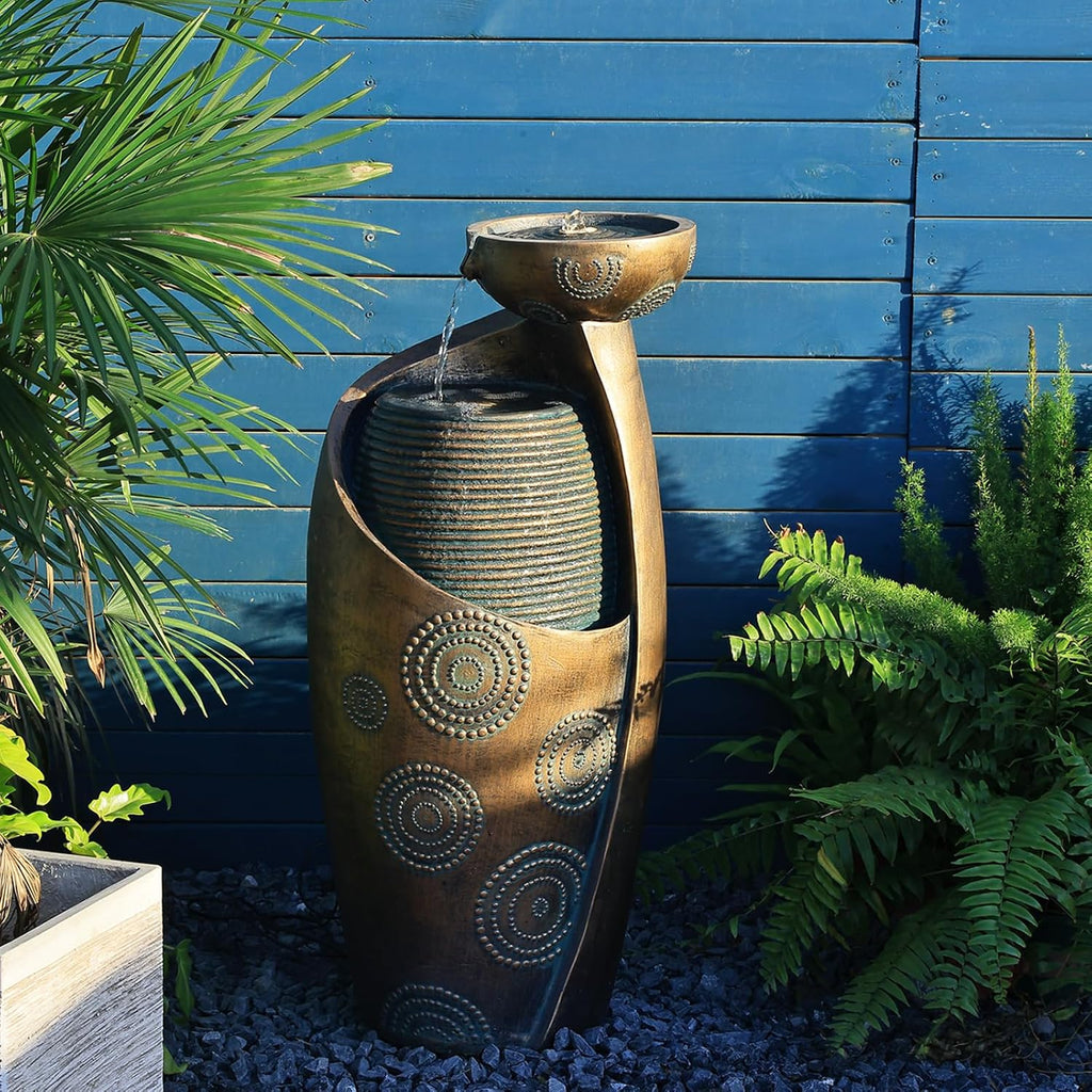 Tankana Indoor Water Fountain Feature Outdoor Garden Large Jar Floor Standing Fountain Waterfall with LED Light & Pump for Home Decor Office Yard Patio Pool Deck Porch, Goldish-Bronze