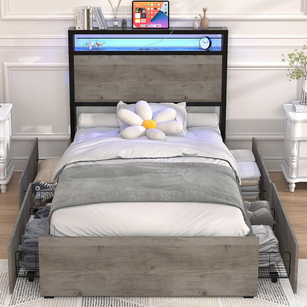 Kiivakii Twin Size Bed Frame with 4 Drawers, LED Platform Bed with Storage Headboard, Built in Charging Station, Noise-Free, Metal Support Base, No Box Spring Needed, Gray