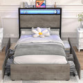Kiivakii Twin Size Bed Frame with 4 Drawers, LED Platform Bed with Storage Headboard, Built in Charging Station, Noise-Free, Metal Support Base, No Box Spring Needed, Gray