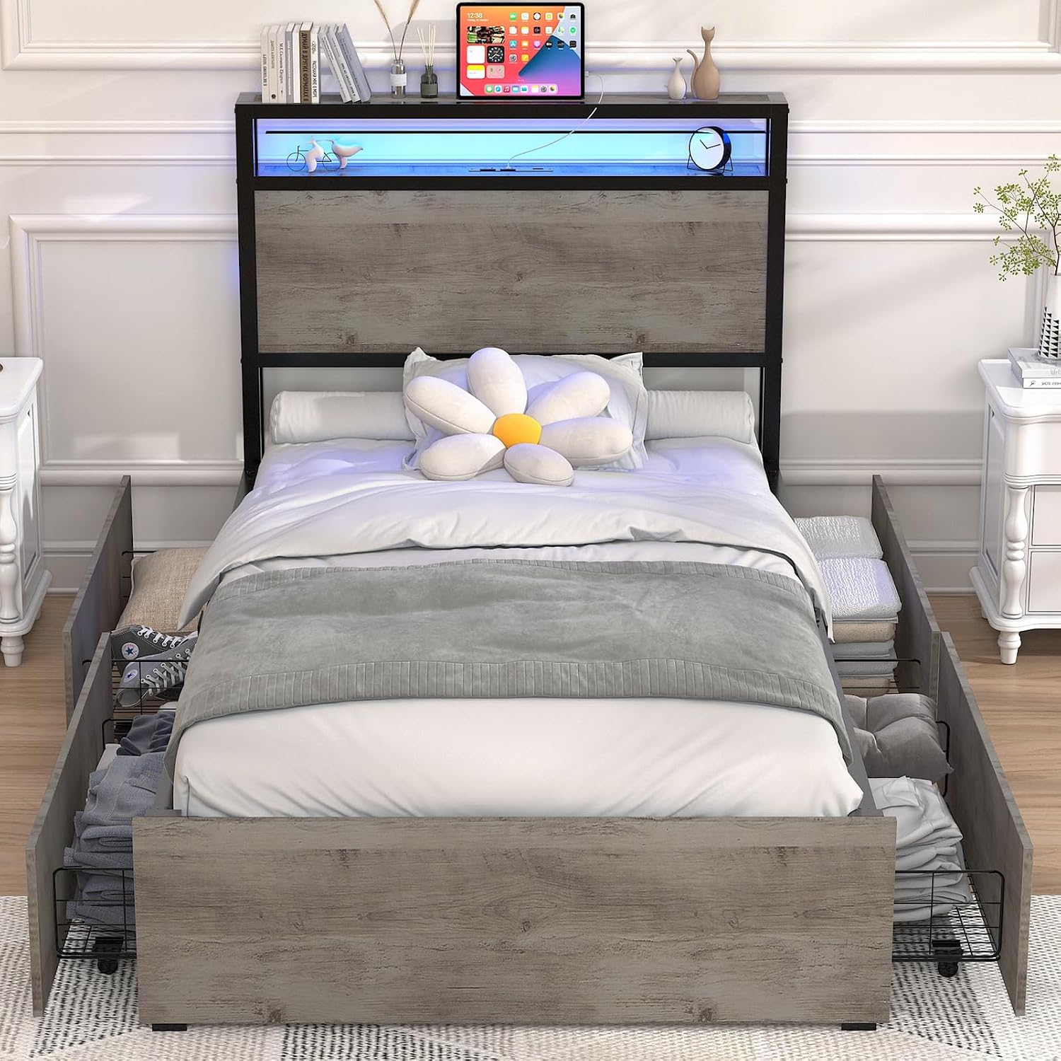 Kiivakii Twin Size Bed Frame with 4 Drawers, LED Platform Bed with Storage Headboard, Built in Charging Station, Noise-Free, Metal Support Base, No Box Spring Needed, Gray