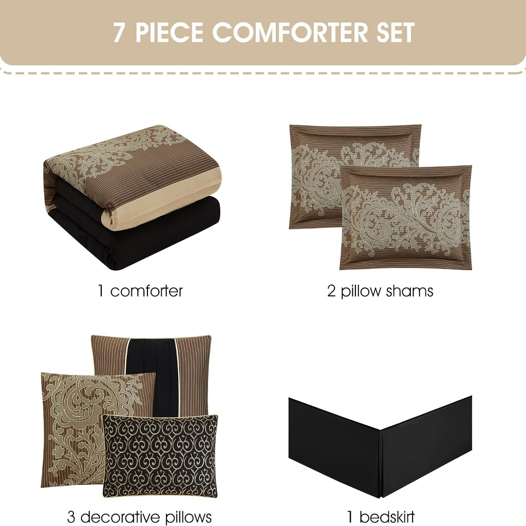 Grand Avenue Black/Gold Cal King Comforter Set, 7 Piece, Bedding Sets & Collections, Pillow Shams Bedskirt, Jacquard Comforters, All Season