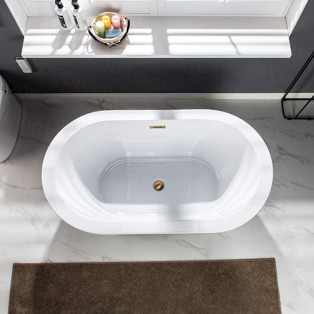 WOODBRIDGE 56' Acrylic Freestanding Bathtub Contemporary Soaking White Tub with Brushed Gold Overflow and Drain，B0088 -BG-Drain &O