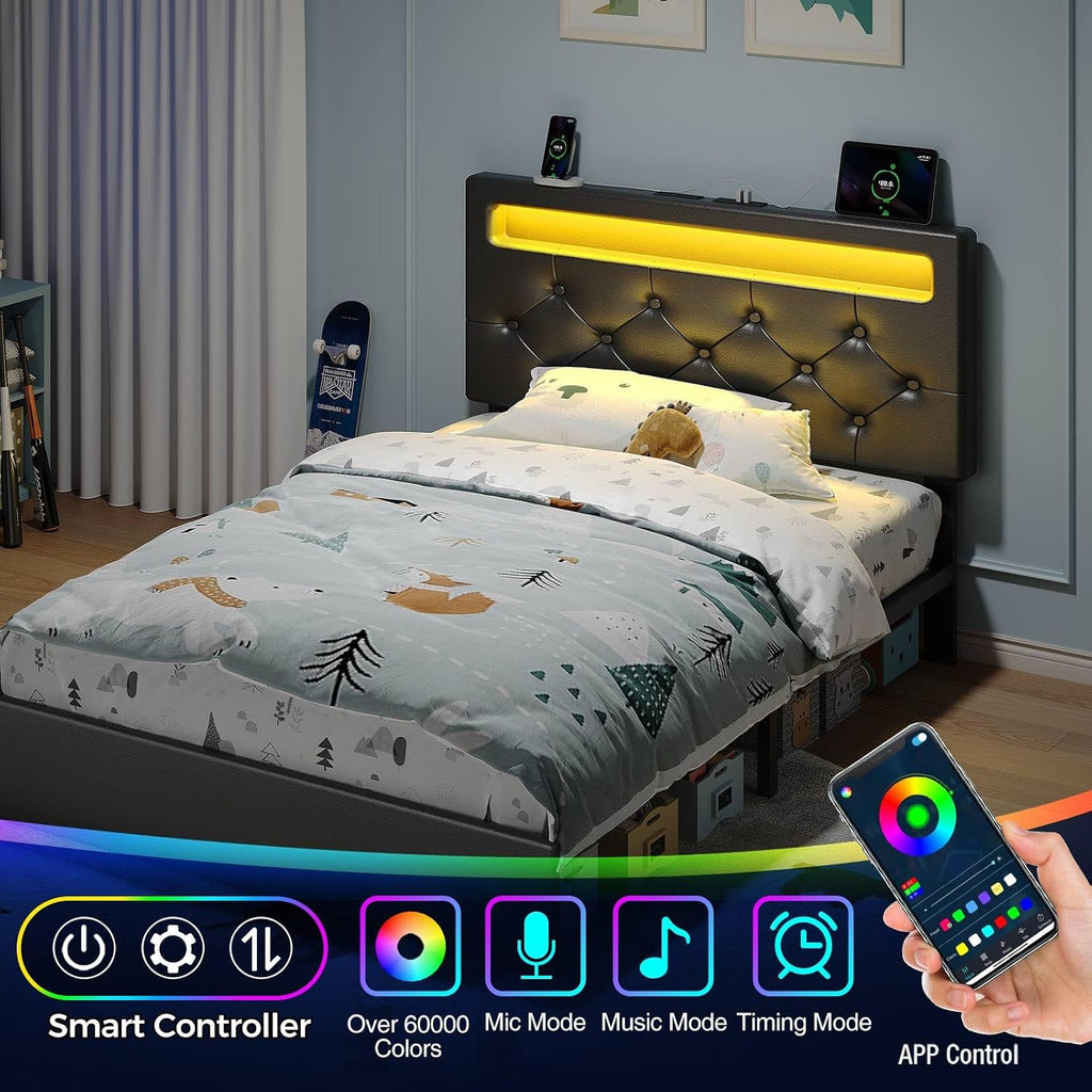 Rolanstar Twin Bed Frame with Charging Station, LED Bed with Under Bed Storage, Adjustable Headboard 38.9/40.8 Inches, No Box Spring Needed, Noise Free, Easy Assembly, Black