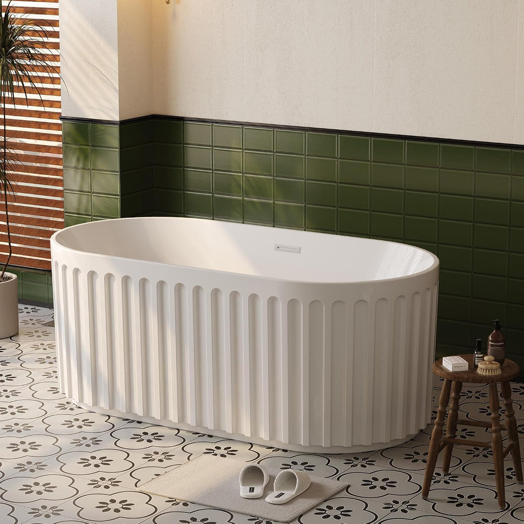 59 Inch Freestanding Bathtub, All-White Acrylic Soaking Tub with Chrome Drain, Deep Soaking Design for Spa Relaxation, Elegant Modern Bathtub for Main Bathroom,or Luxury Home
