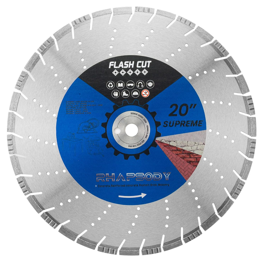 RHAPSODY 20 Inch Laser Welded Diamond Saw Blade, Segmented Supreme Diamond Blade All Purpose Dry/Wet Cutting Hard/Reinforced Concrete, Asphalt, Masonry,1' Arbor