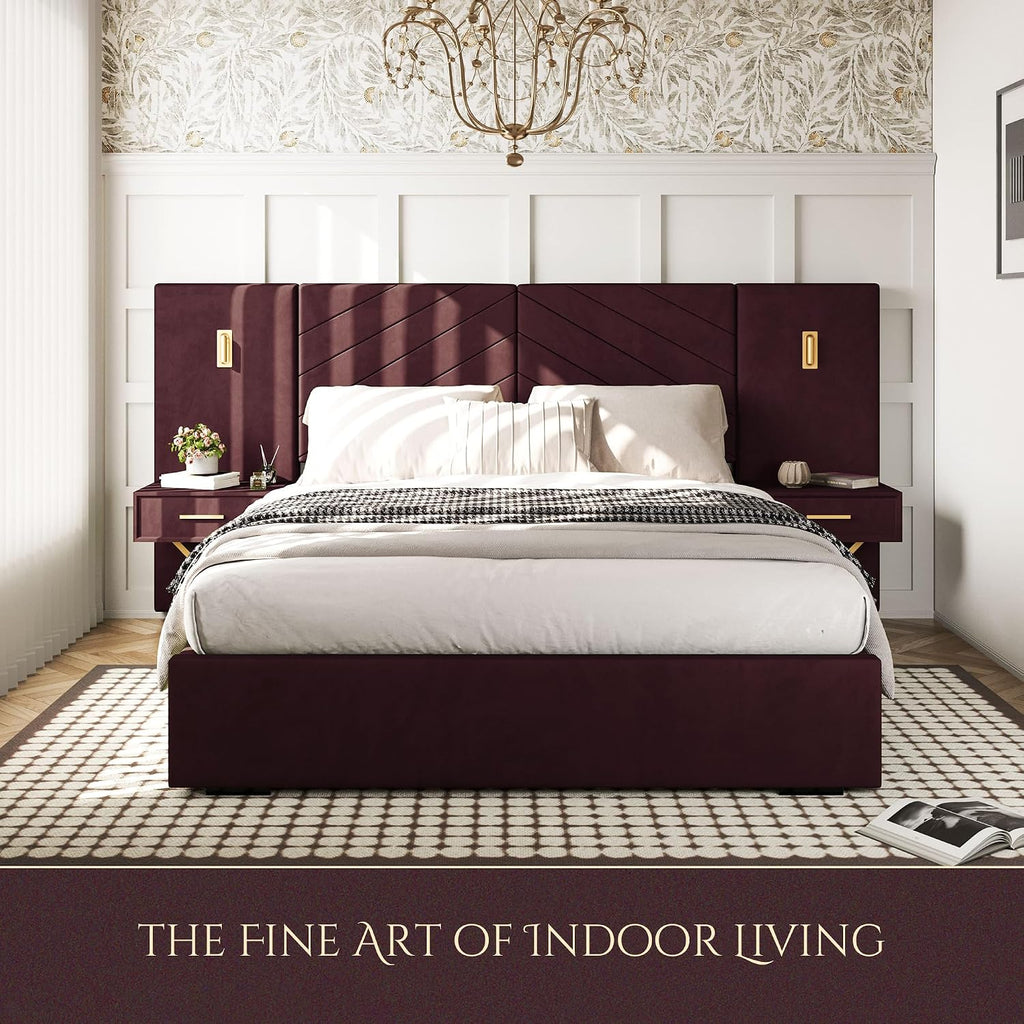 Luxurious Queen Platform Bed Frame, Velvet Upholstered Headboard with 2 Built-in Wall Sconces & Nightstands, Sturdy Metal & Solid Wood Frame, Squeak-Free, No Box Spring Needed, Burgundy Red