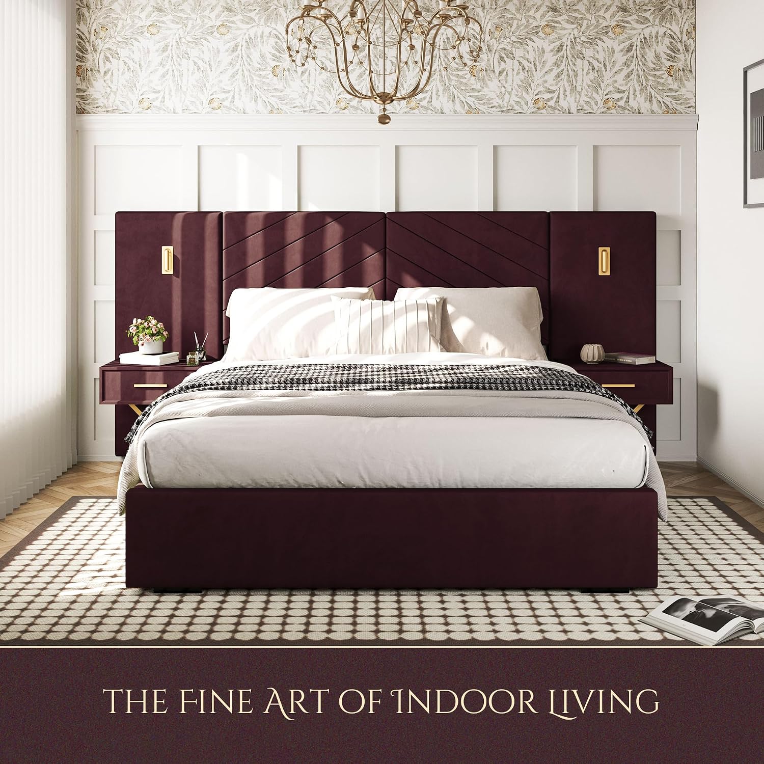 Luxurious Queen Platform Bed Frame, Velvet Upholstered Headboard with 2 Built-in Wall Sconces & Nightstands, Sturdy Metal & Solid Wood Frame, Squeak-Free, No Box Spring Needed, Burgundy Red