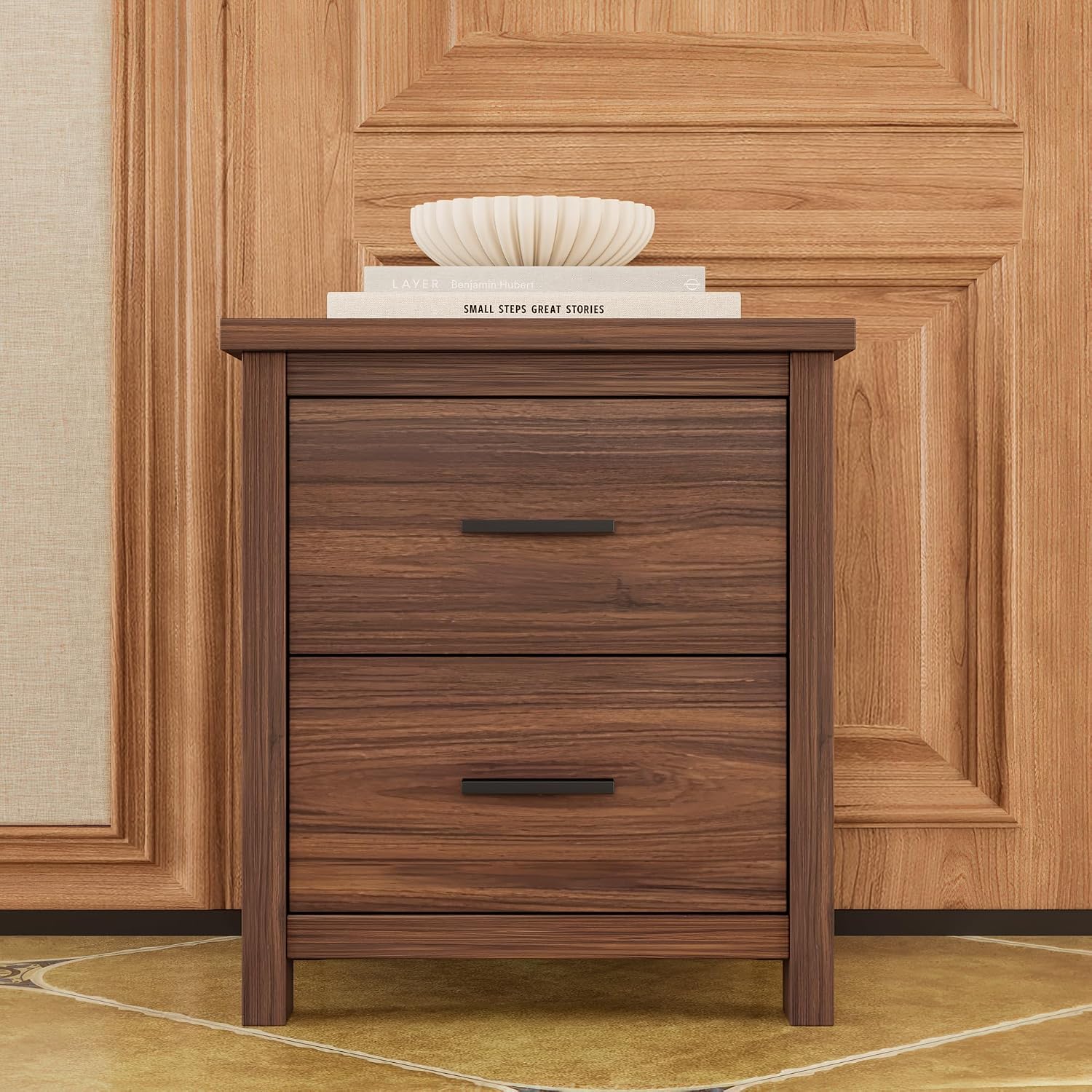 4PCS Bedroom Sets, Wooden Queen Size Bed Frame with Storage Headboard and Charging Station, 2 Nightstands with 2 Drawers,1 Dresser with 5 Drawers,Noiseless, No Box Spring Needed (Walnut-JU3)